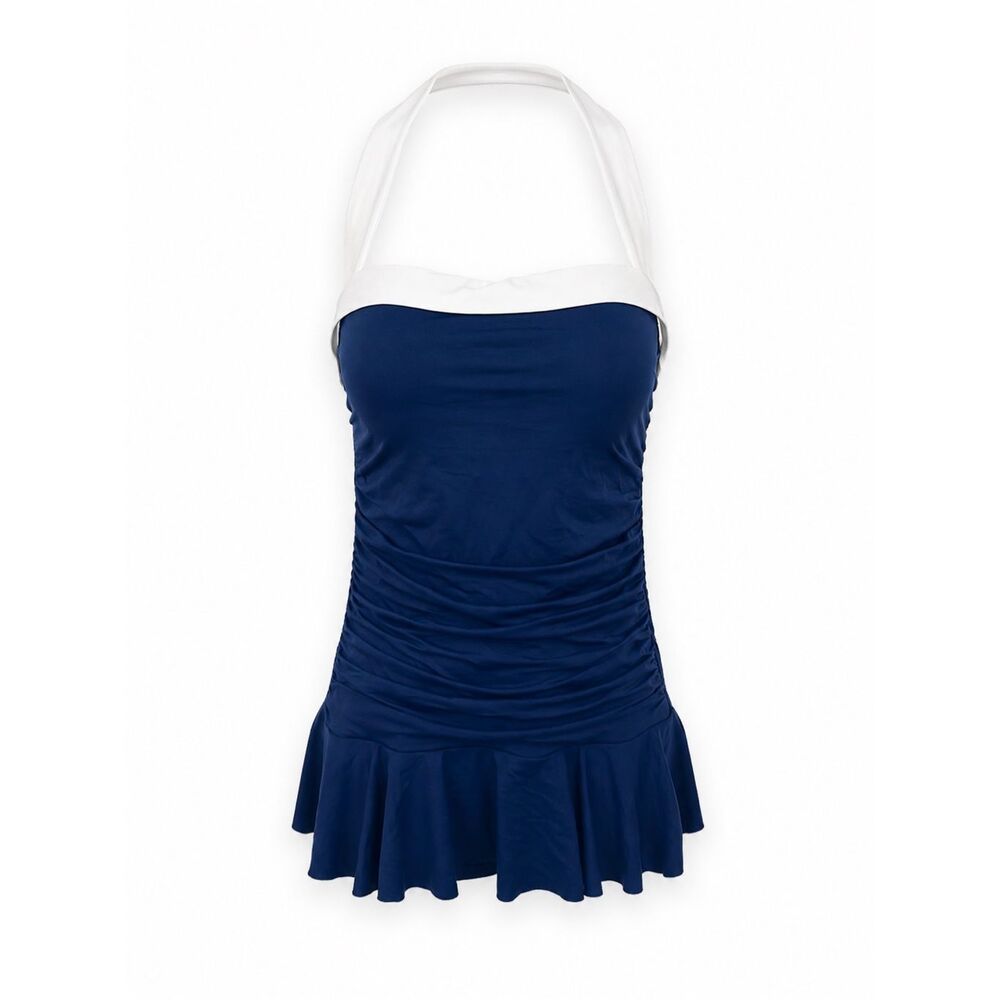 Lauren Ralph Lauren Navy & White Halter Swimdress One Piece Swimsuit Size 10